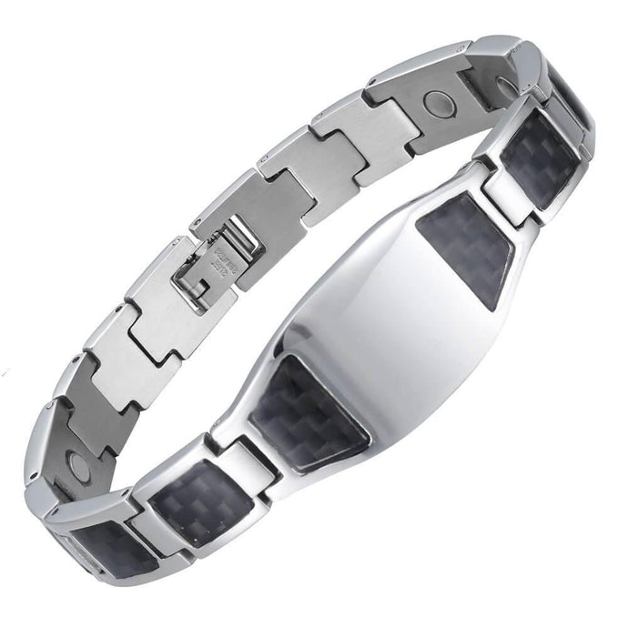 Silver Carbon Fibre ID Magnetic Bracelet - Gauss Therapy