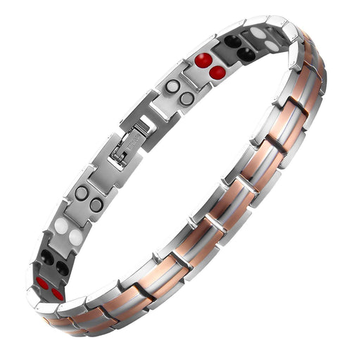 Ladies Silver & Rose Gold 4in1 Titanium Magnetic Bracelet - Gauss Therapy