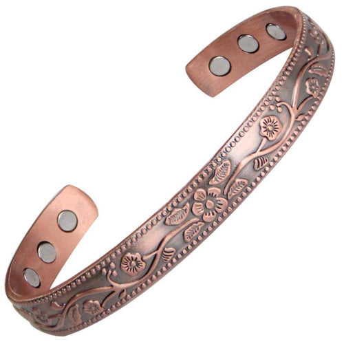 Antique Floral Magnetic Copper Bangle - Gauss Therapy